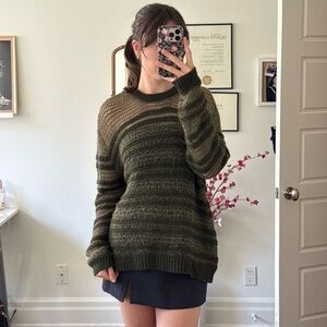 Zara Olive Green Striped Crewneck Sweater